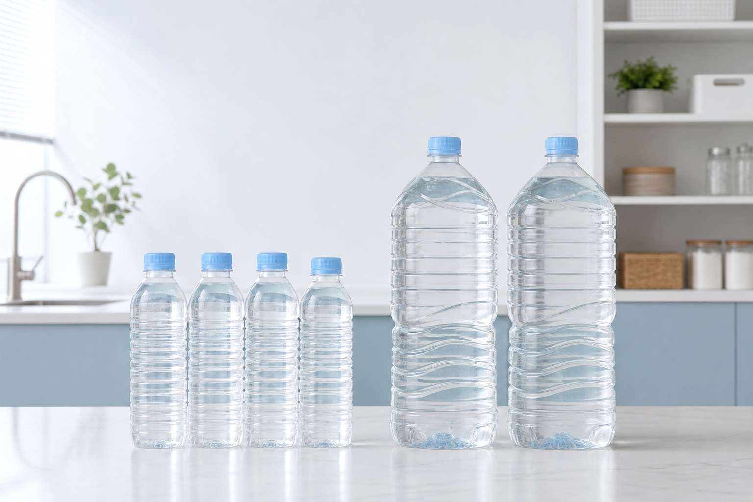 휴대용 500ml 생수와 가정용 2L 생수 크기 비교